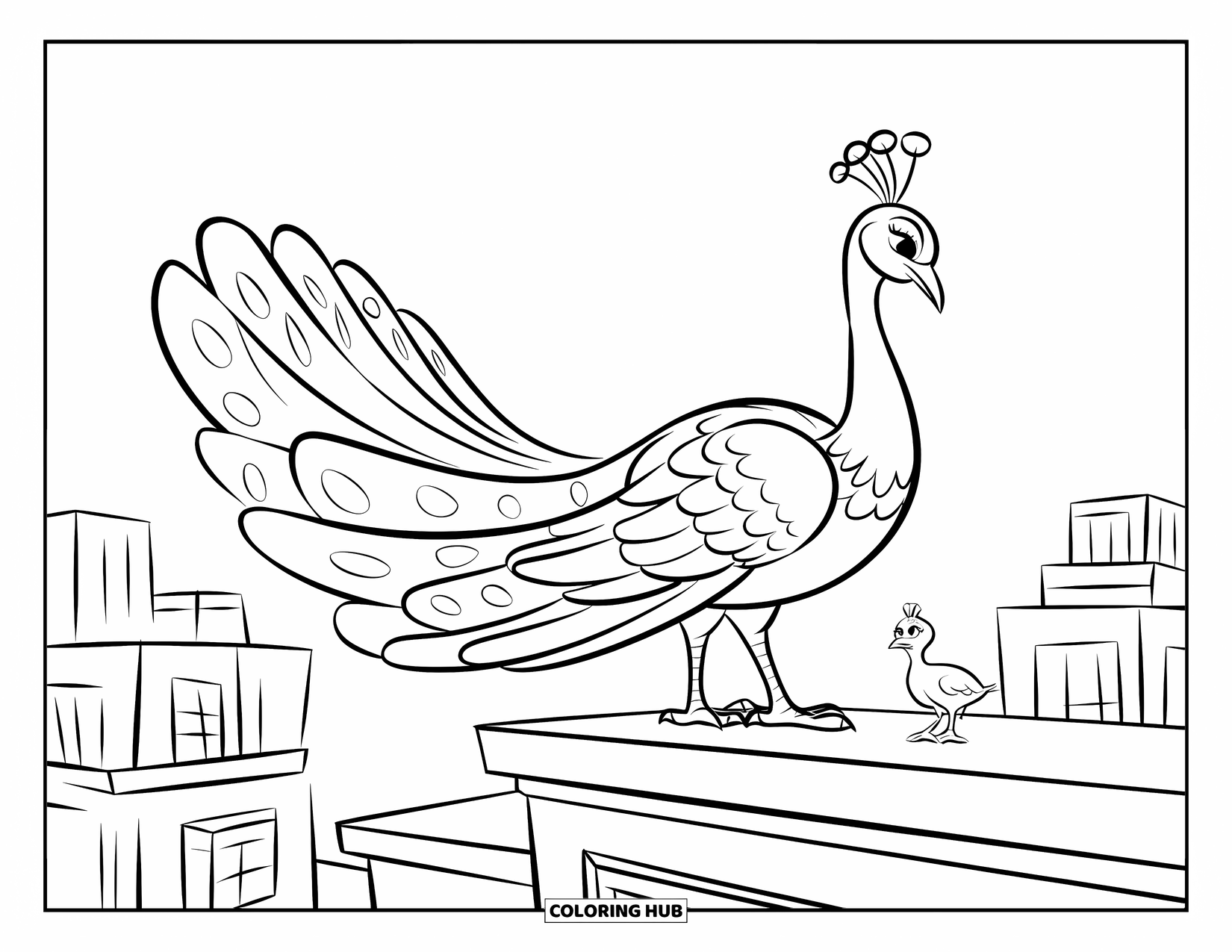 Peacock Coloring Page for Kids: A superhero peacock stands heroically on a rooftop with its tail fanned out