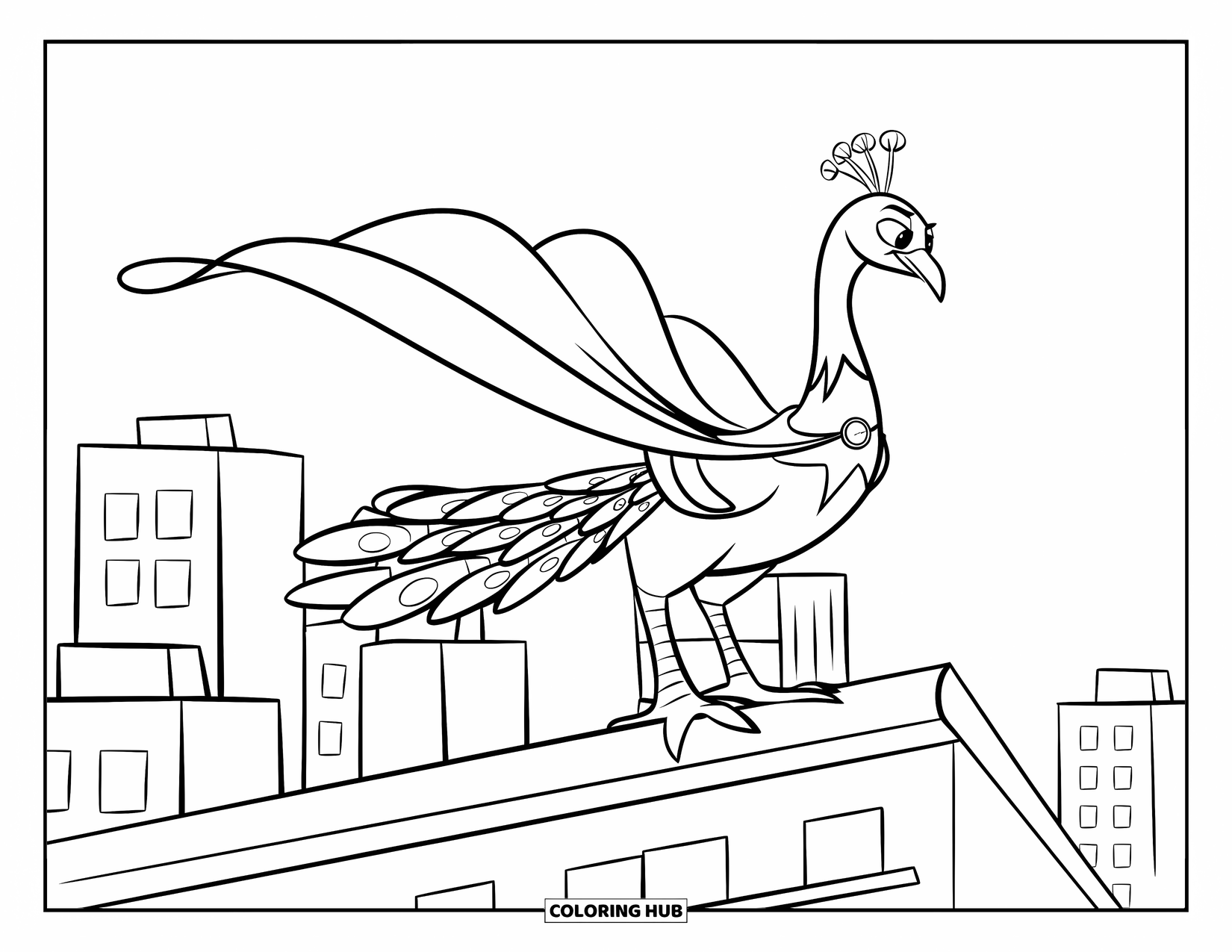 Peacock Coloring Page for Kids: A superhero peacock stands on a rooftop, looking down at a tiny bird in need