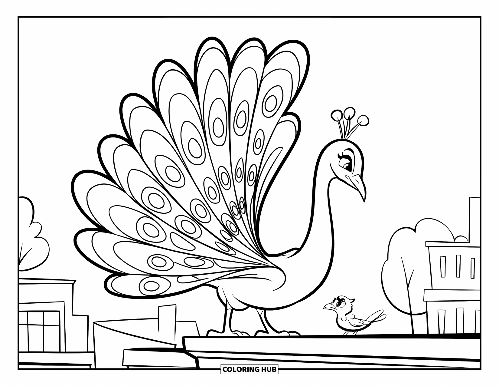 Peacock Coloring Page for Kids: A superhero peacock stands on a rooftop, ready to rescue a tiny bird