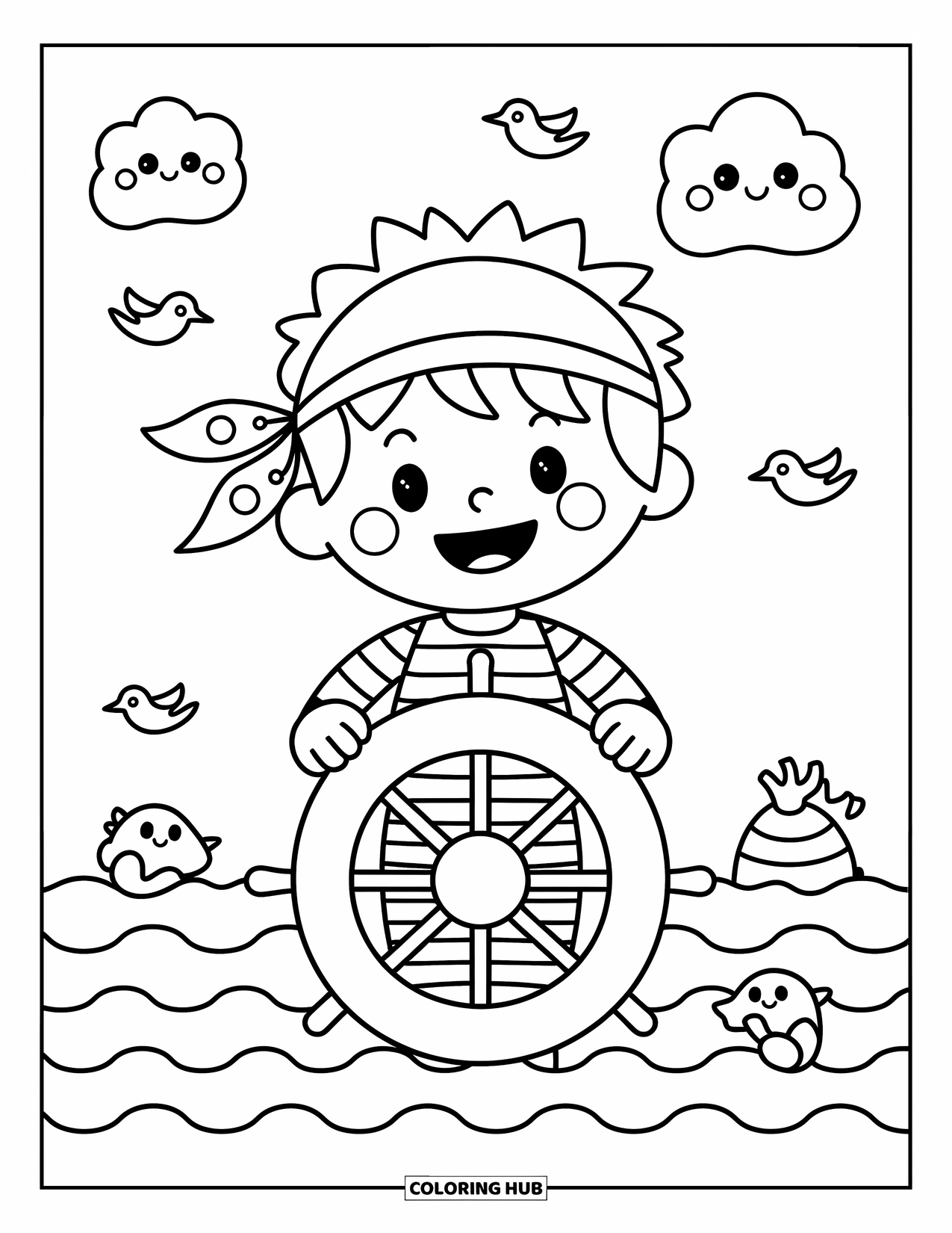 Pirate Coloring Page for Adults: A joyful pirate boy steers the ship with seagulls and waves