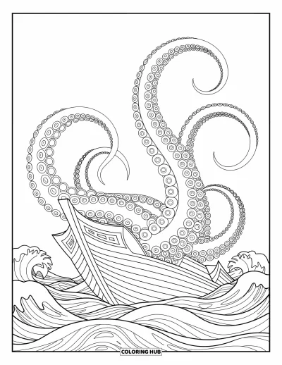 Dibujo de piratas para adultos: Un kraken agarrando un barco con tentáculos detallados y olas rompiendo
