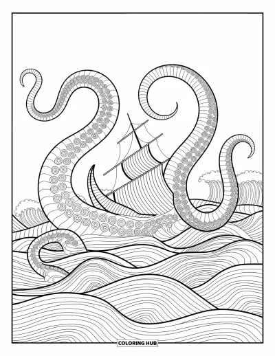 Dibujo de piratas para adultos: Un kraken envolviendo un barco con intrincados tentáculos y olas