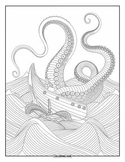 Dibujo de pirata para colorear para adultos: Un kraken envolviendo sus tentáculos alrededor de un barco en medio de olas rompientes