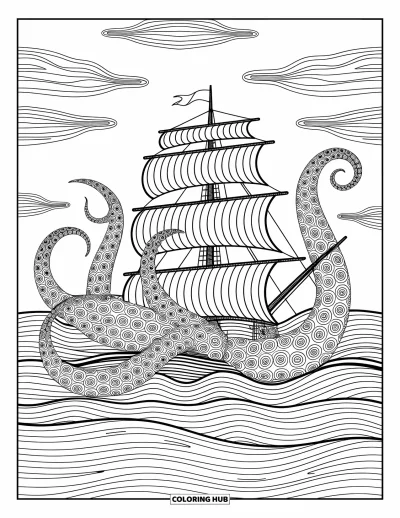 Dibujo de pirata para colorear para adultos: Los tentáculos de un kraken entrelazados alrededor de un barco con patrones detallados