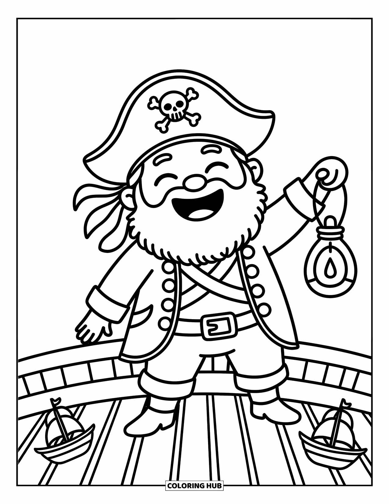Pirate Coloring Page for Adults: A laughing pirate captain with a lantern stands on deck with seashells