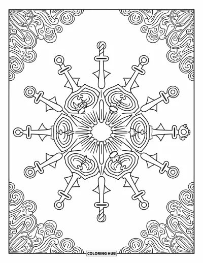 Dibujo de piratas para adultos: Un mandala con elementos piratas como anclas y espadas con patrones detallados