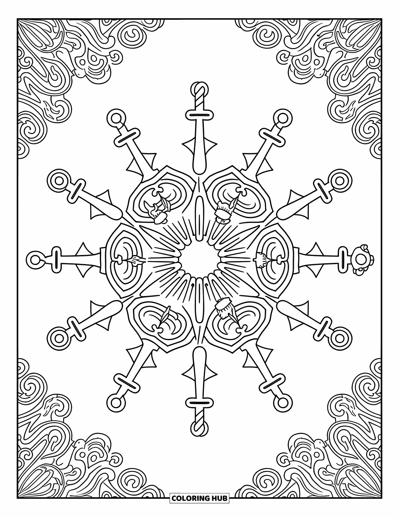 Pirate Coloring Page for Adults: A mandala featuring pirate elements like anchors and swords with detailed patterns