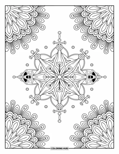 Dibujo de piratas para adultos: Un mandala con elementos de temática pirata como anclas, espadas y calaveras