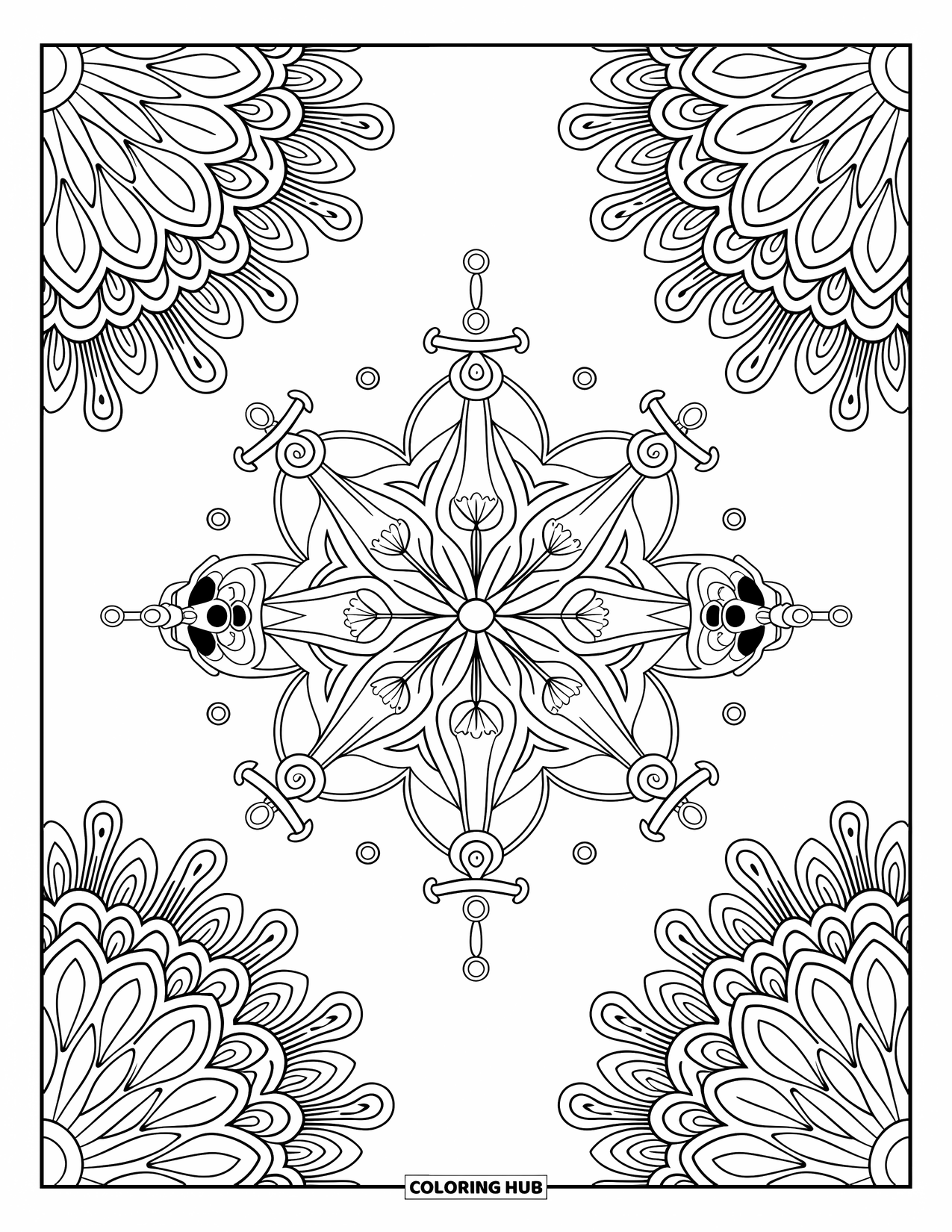 Pirate Coloring Page for Adults: A mandala with pirate-themed elements like anchors, swords, and skulls