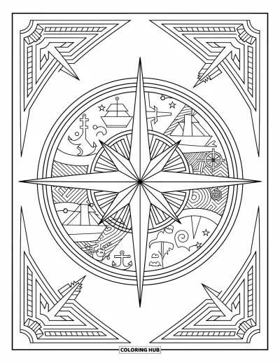 Dibujo de pirata para colorear para adultos: Una brújula náutica adornada con motivos piratas y rodeada de patrones detallados