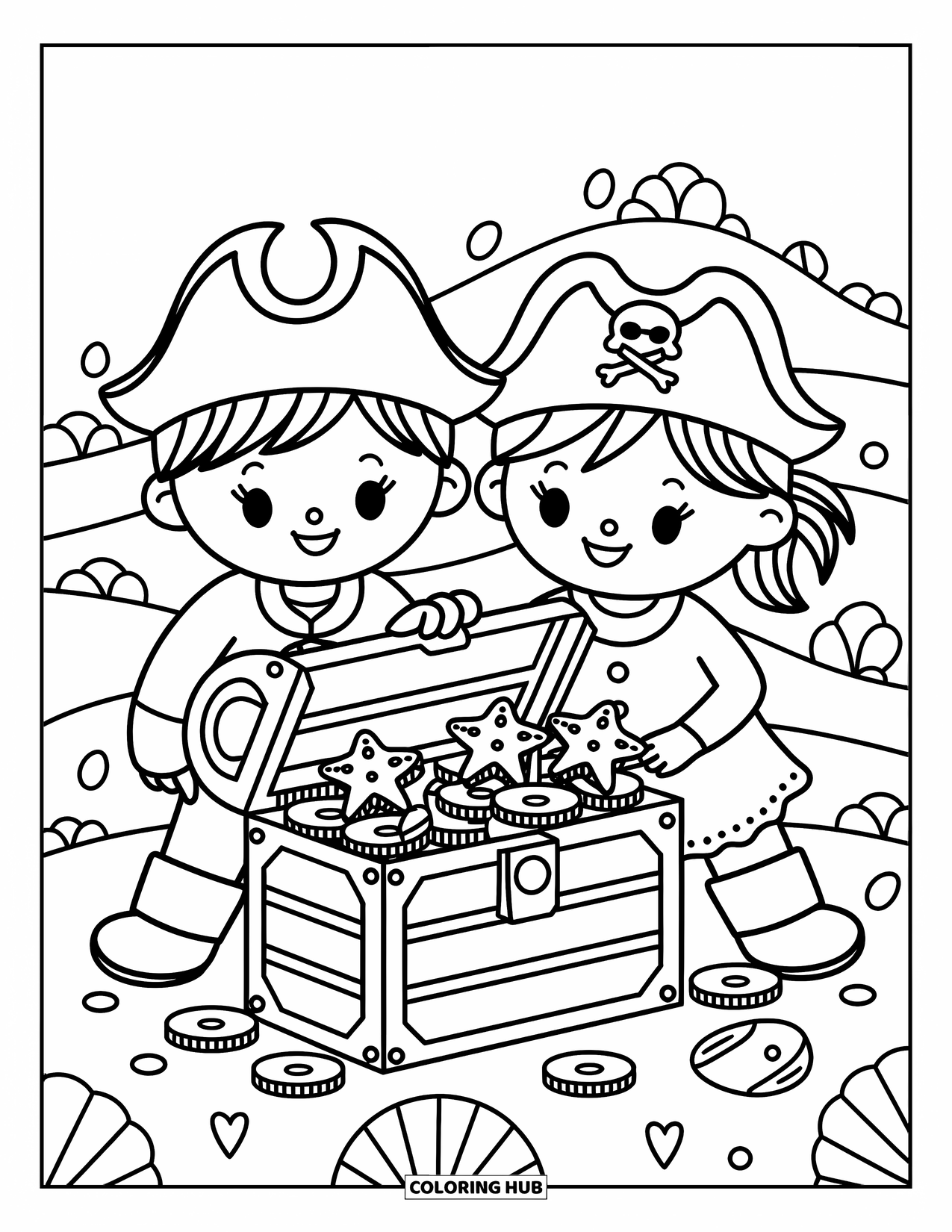 Pirate Coloring Page for Adults: A pirate boy and girl share a chest of coins and starfish