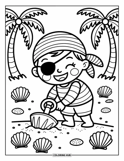 Dibujo de piratas para adultos: Un niño pirata busca tesoros con conchas marinas y palmeras alrededor