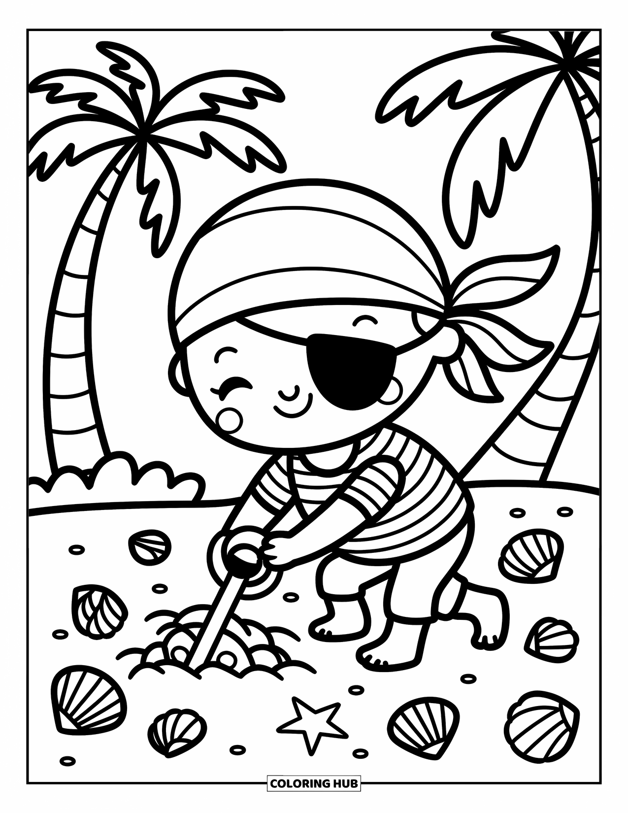 Pirate Coloring Page for Adults: A pirate boy joyfully digs for treasure among seashells and palm trees