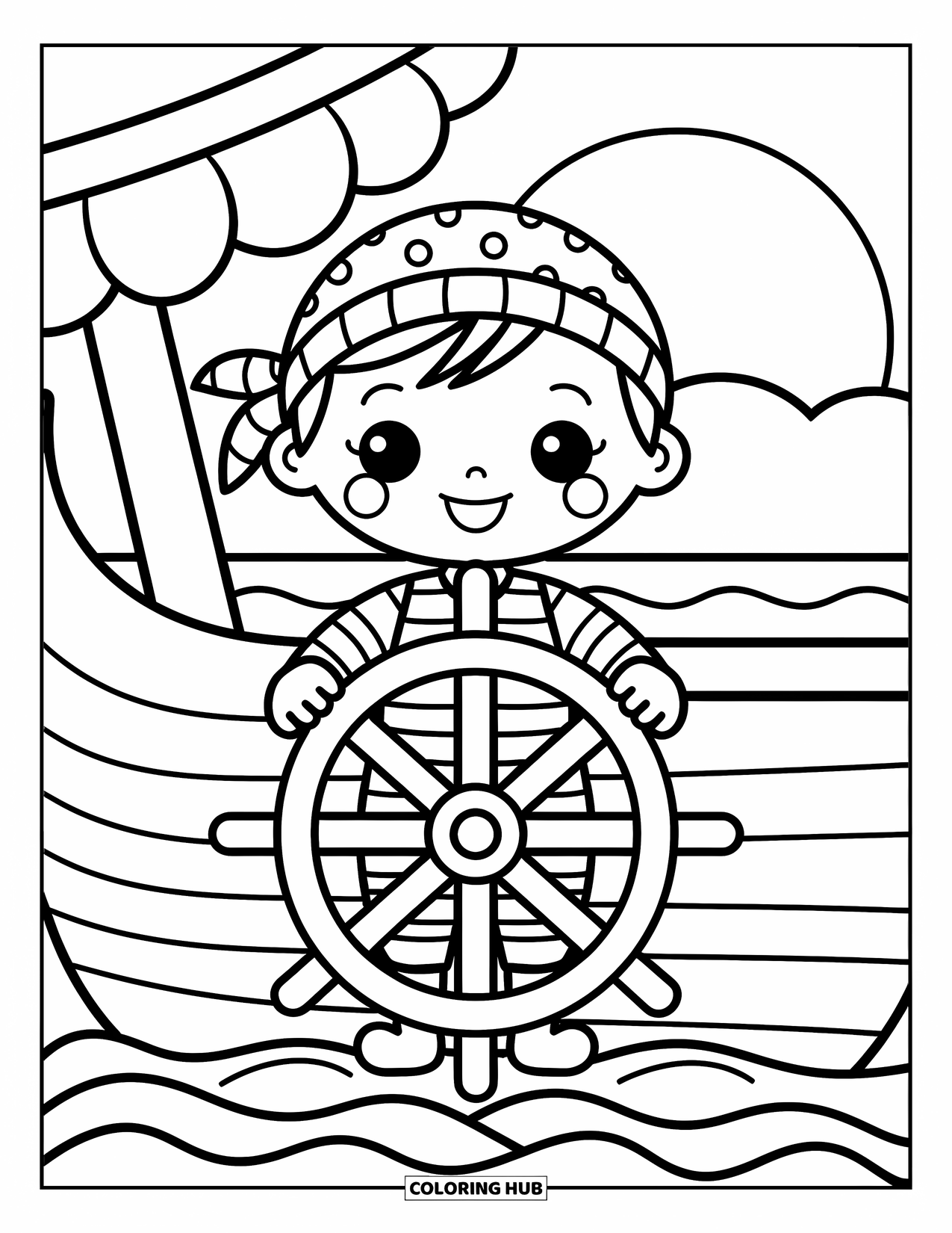 Pirate Coloring Page for Adults: A pirate boy steers the ship's wheel with seagulls and waves around