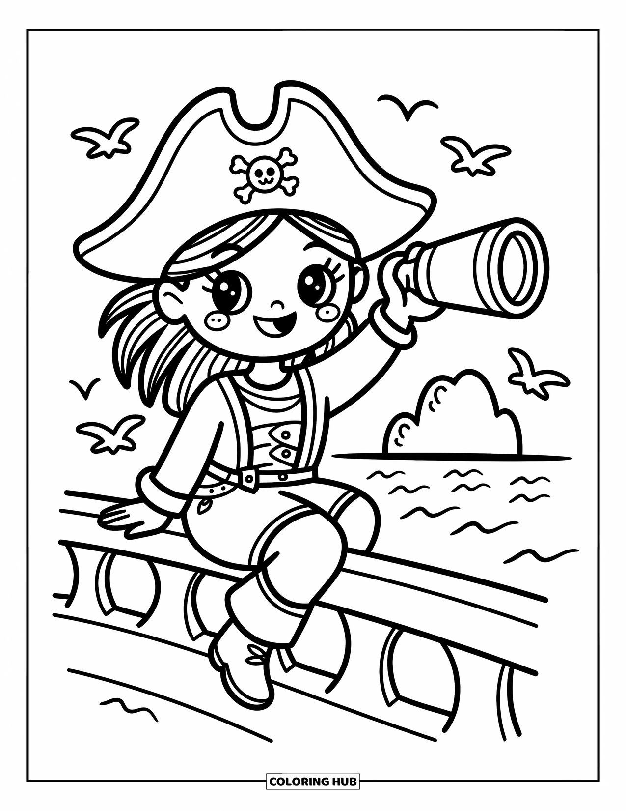 Pirate Coloring Page for Adults: A pirate boy with a striped shirt digs for treasure on a sandy beach