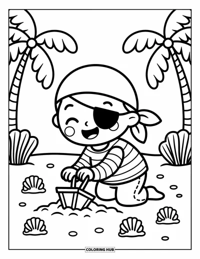 Dibujo de piratas para adultos: Un niño pirata con un parche en el ojo busca tesoros en una playa de arena