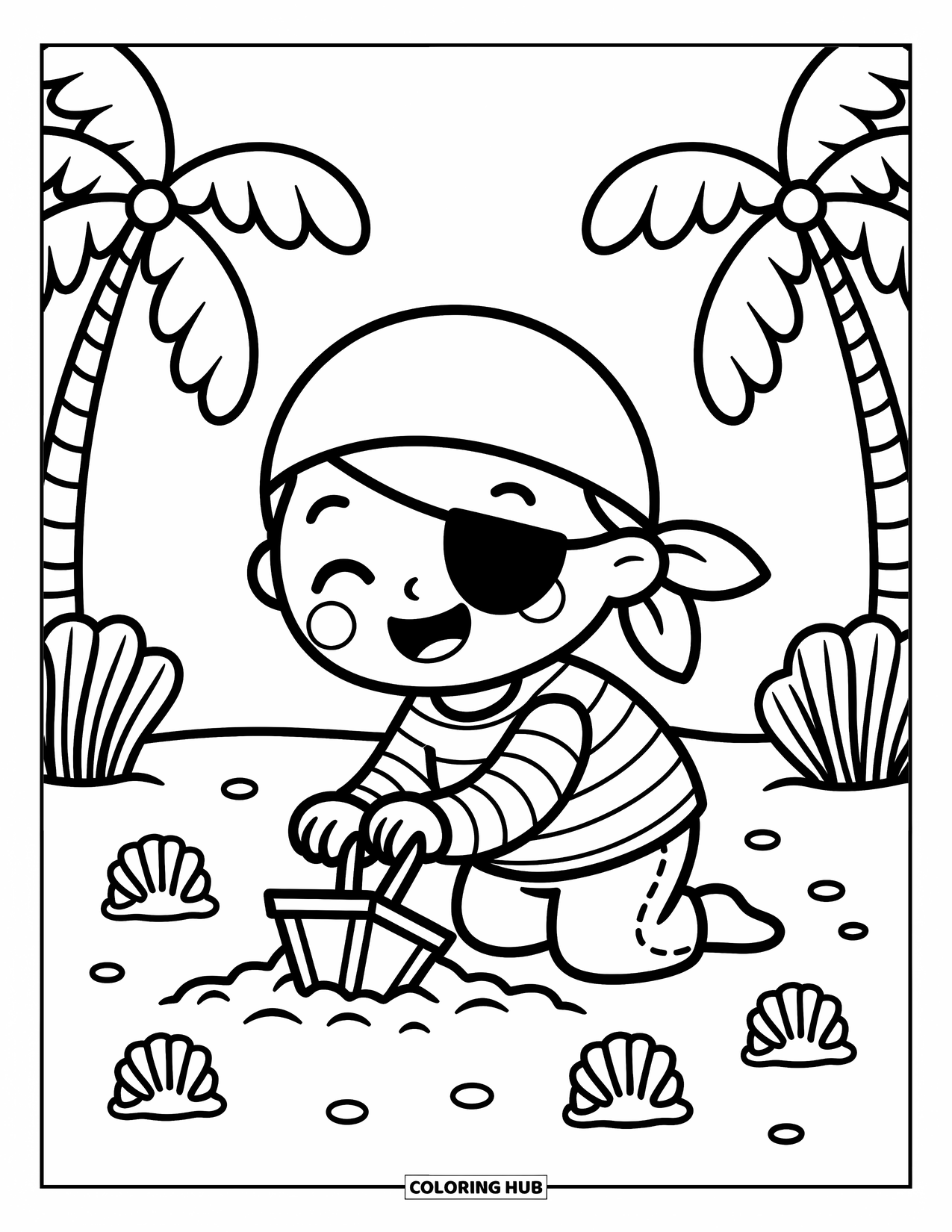 Pirate Coloring Page for Adults: A pirate boy with an eyepatch digs for treasure on a sandy beach