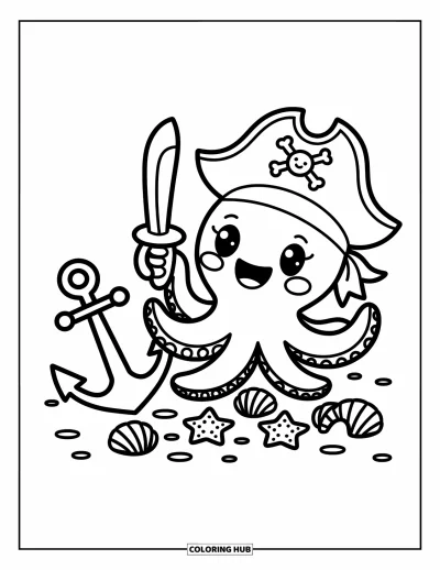 Dibujo de piratas para adultos: Un conejito pirata con un sombrero de capitán lee un mapa con un loro cerca