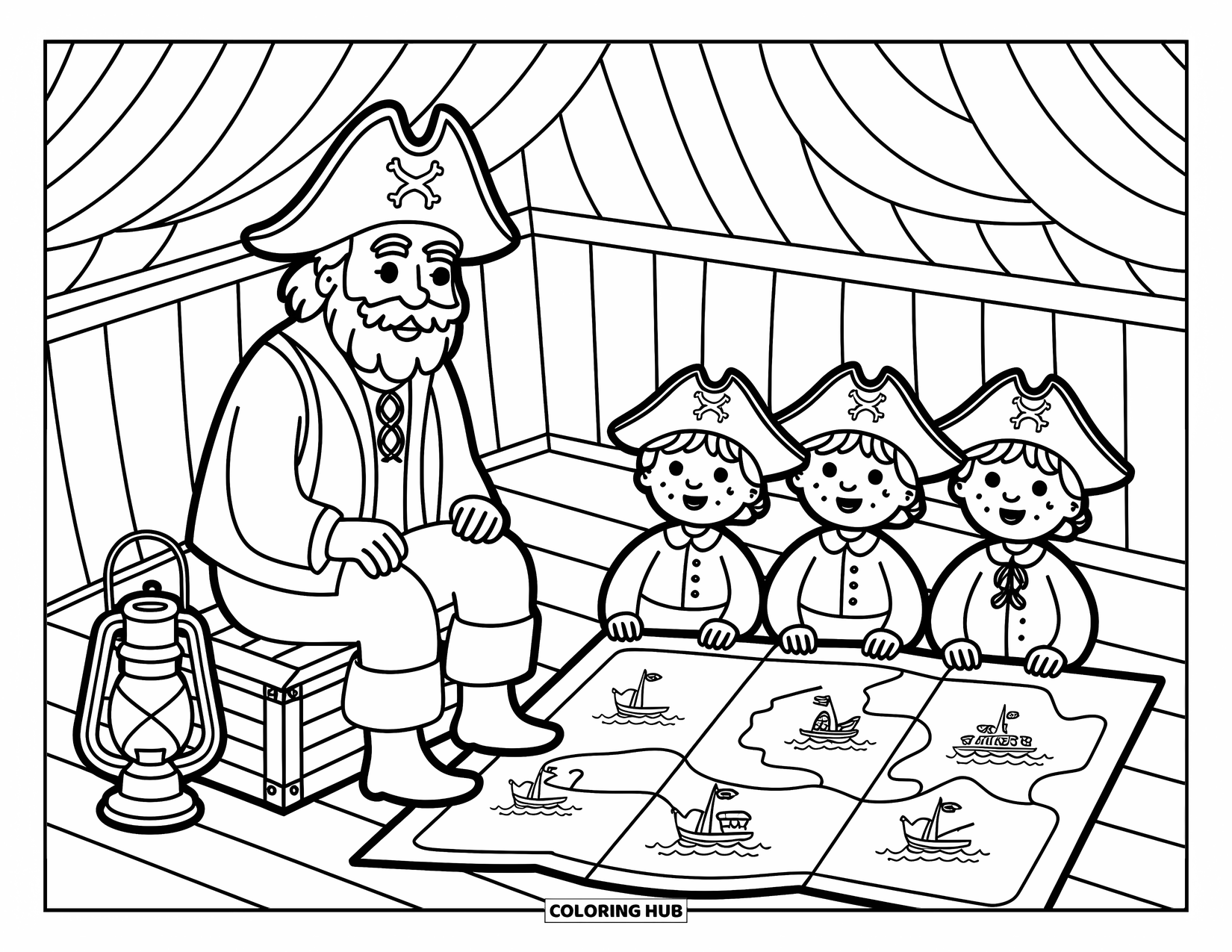 Pirate Coloring Page for Adults: A pirate captain tells tales with a map and lantern in a cozy cabin