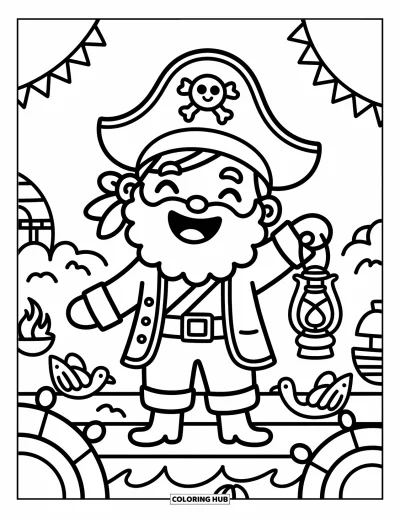 Dibujo de piratas para adultos: Un capitán pirata con barba y linterna se ríe en la cubierta de un barco acogedor