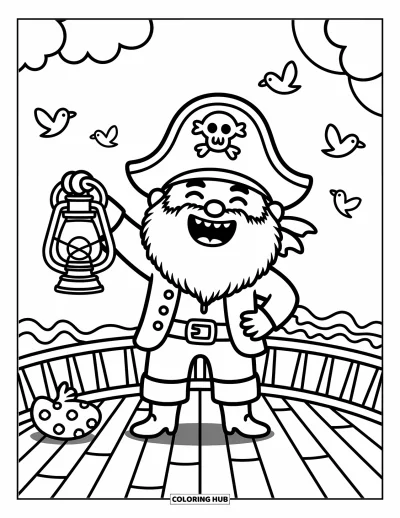 Dibujo de piratas para adultos: Un capitán pirata con una barba esponjosa se ríe con una linterna en la cubierta del barco