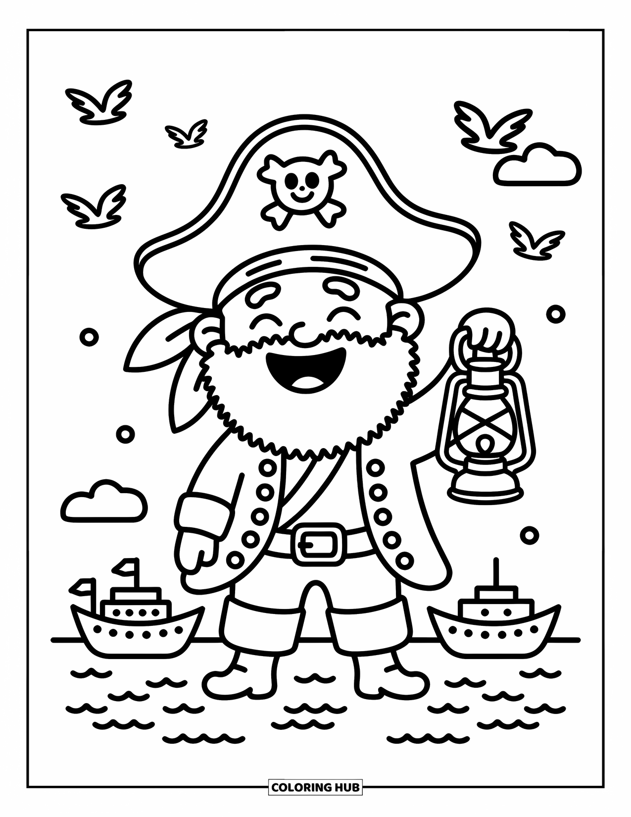 Pirate Coloring Page for Adults: A pirate captain with a lantern laughs on the deck with seagulls around
