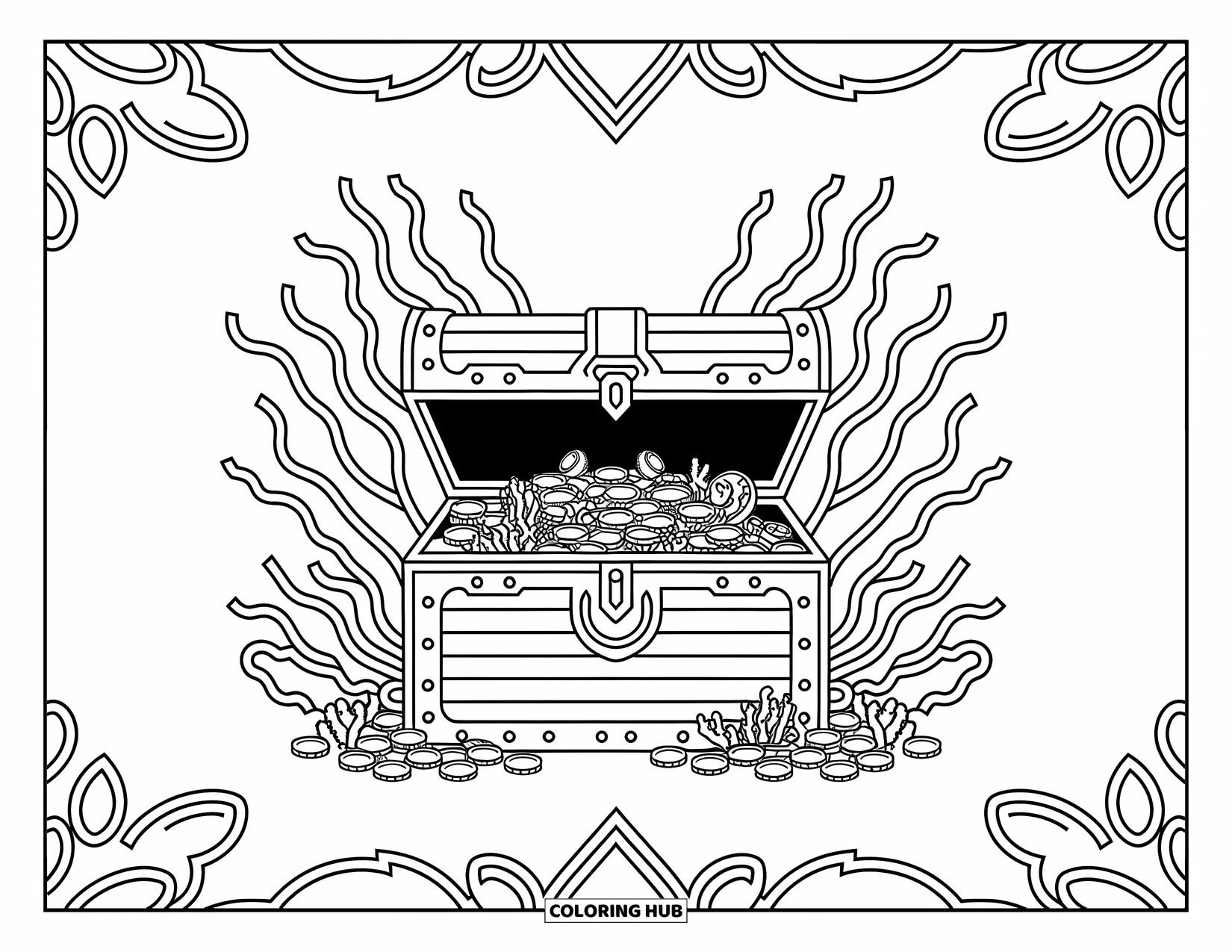 Pirate Coloring Page for Adults: A pirate chest brimming with coins and gems, surrounded by detailed patterns