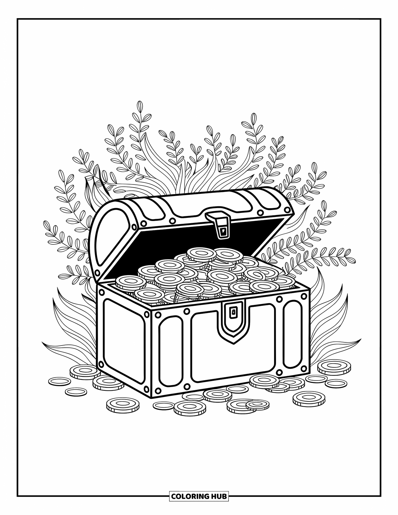 Pirate Coloring Page for Adults: A pirate chest brimming with coins, gems, and seaweed surrounded by detailed motifs