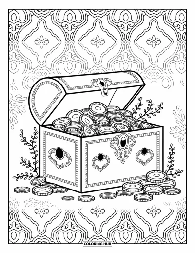 Dibujo de piratas para adultos: Un cofre pirata lleno de monedas, gemas y algas marinas adornado con intrincados detalles