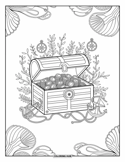 Dibujo de piratas para adultos: Un cofre pirata rebosante de monedas y gemas, rodeado de elegantes patrones náuticos