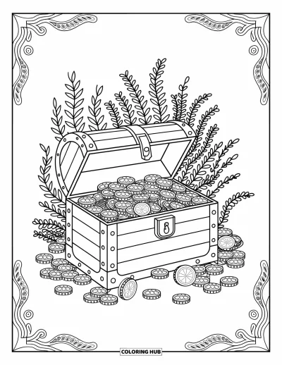 Dibujo de pirata para colorear para adultos: Un cofre pirata desbordante de monedas, gemas y algas marinas con patrones intrincados