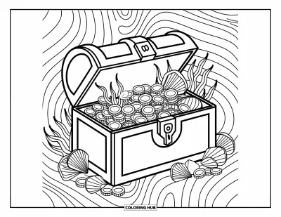 Dibujo de piratas para adultos: Un cofre pirata con monedas, gemas y algas marinas en medio de intrincados detalles náuticos
