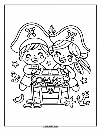 Dibujo de piratas para adultos: Un dúo de piratas comparte un cofre lleno de monedas, gemas y estrellas de mar