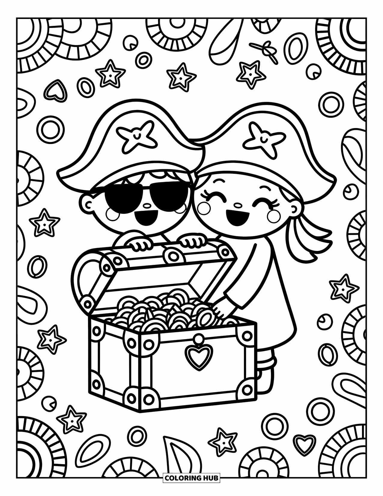 Pirate Coloring Page for Adults: A pirate duo shares a chest of coins with starfish peeking out