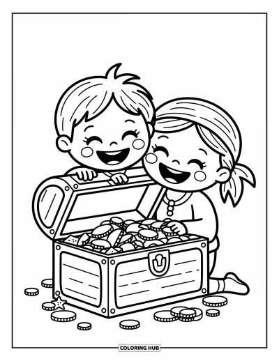 Dibujo de piratas para adultos: Un dúo de piratas con un cofre de monedas, gemas y estrellas de mar