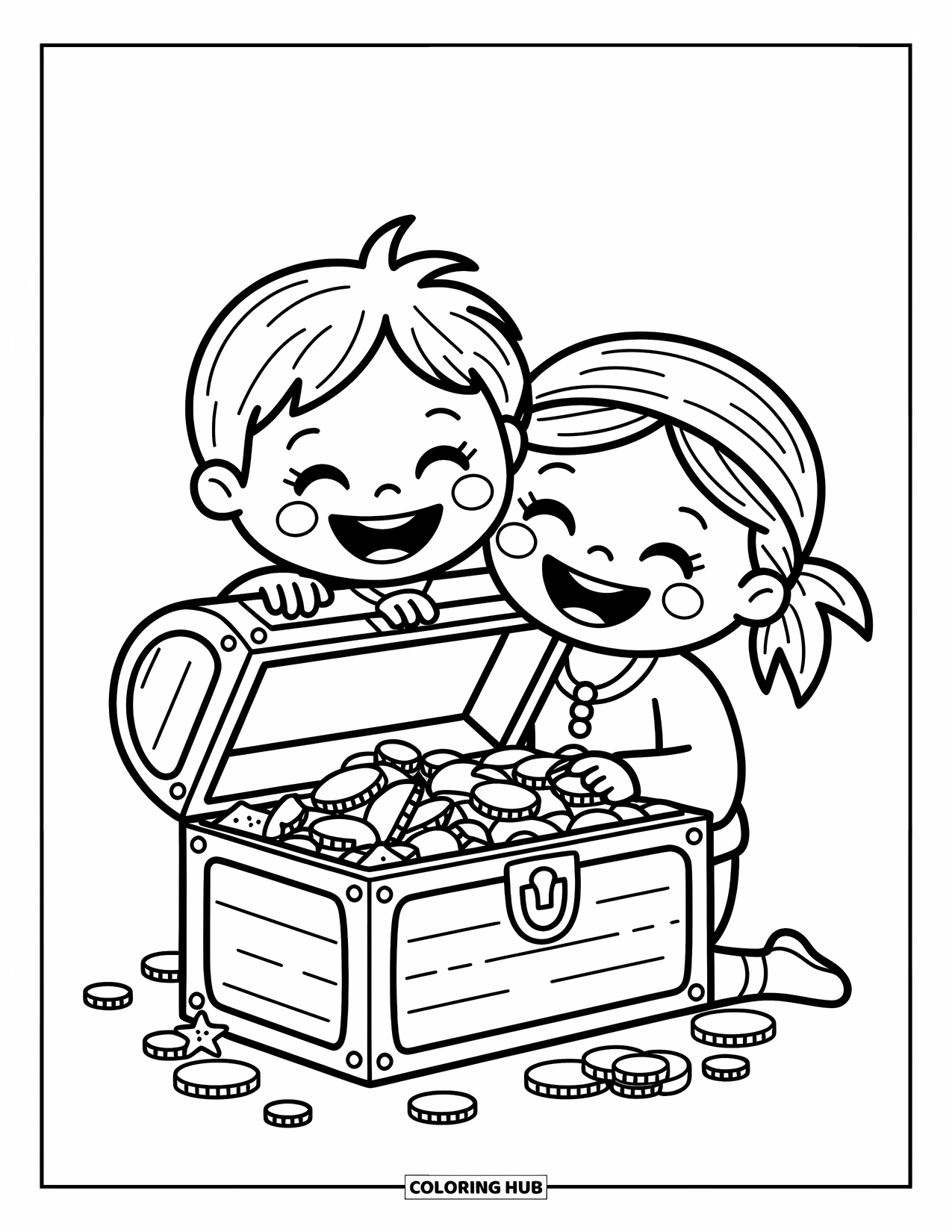 Pirate Coloring Page for Adults: A pirate duo with a chest of coins, gems, and starfish