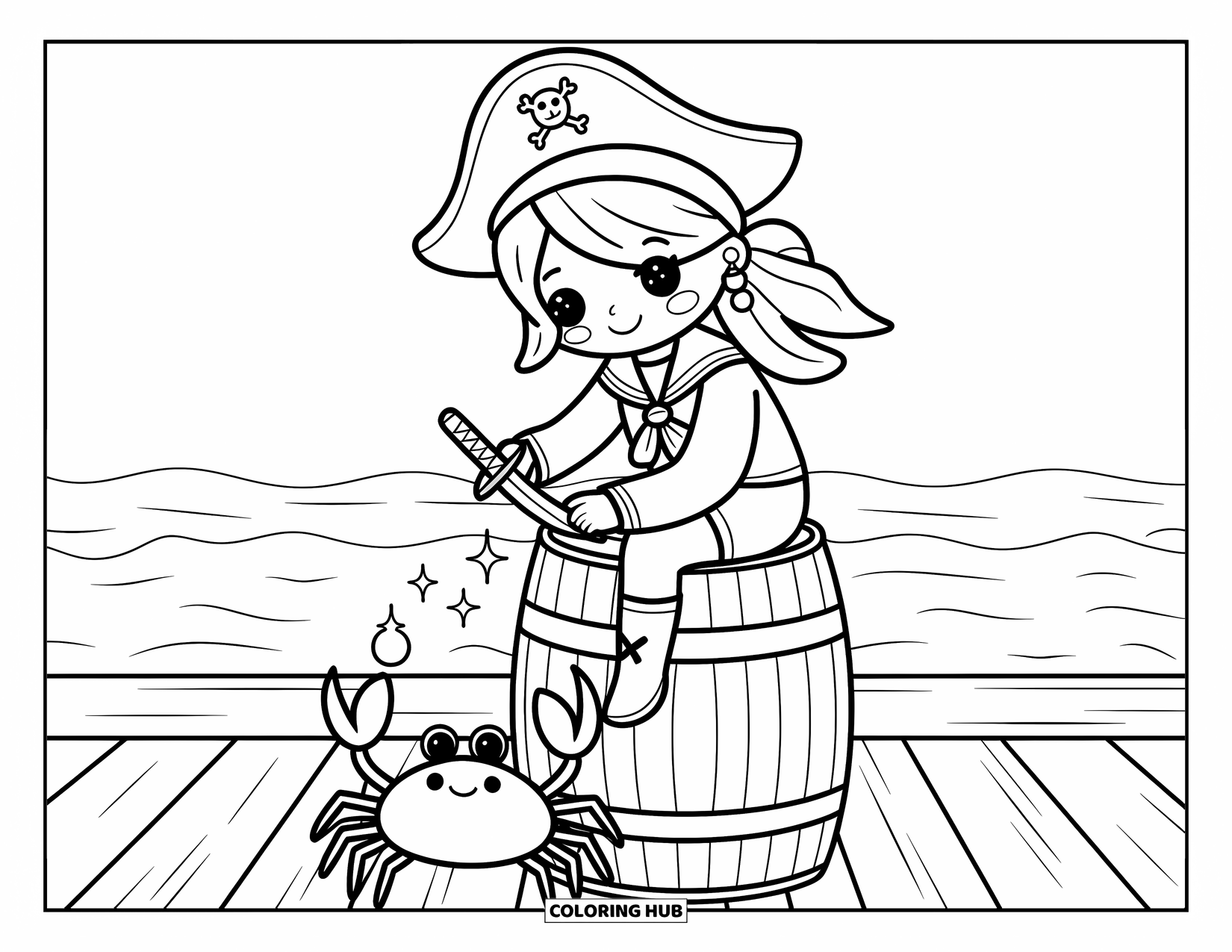 Pirate Coloring Page for Adults: A pirate girl on a barrel polishes a sword with a crab nearby