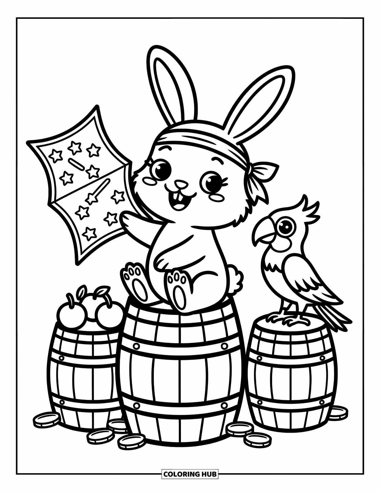 Pirate Coloring Page for Adults: A pirate girl on a ship's railing points to an island with a spyglass