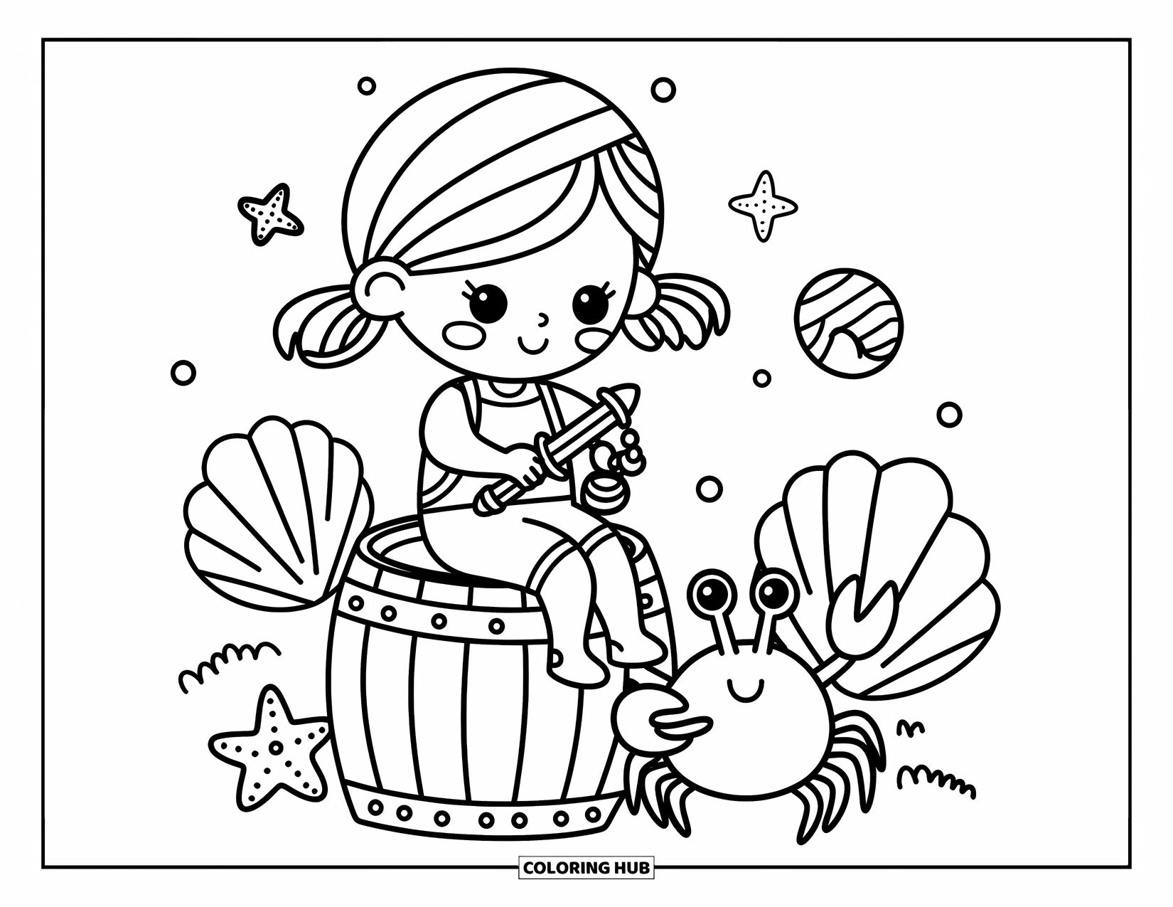 Pirate Coloring Page for Adults: A pirate girl polishes a tiny sword with a crab holding a pearl