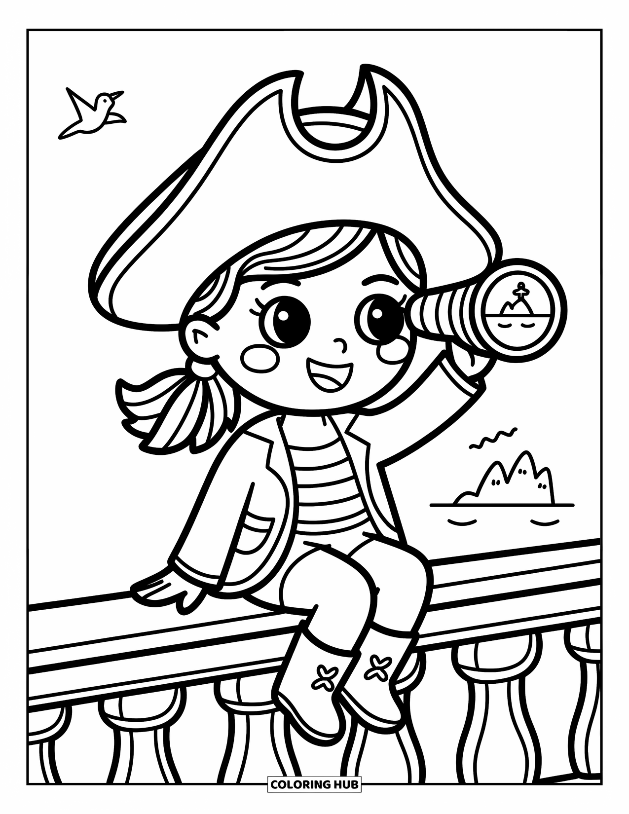 Pirate Coloring Page for Adults: A pirate girl with a tricorn hat and spyglass points to an island