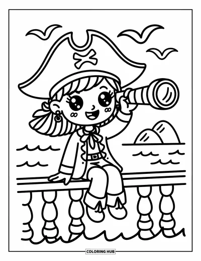 Dibujo de piratas para adultos: Una niña pirata con un sombrero tricornio apunta a una isla con un catalejo