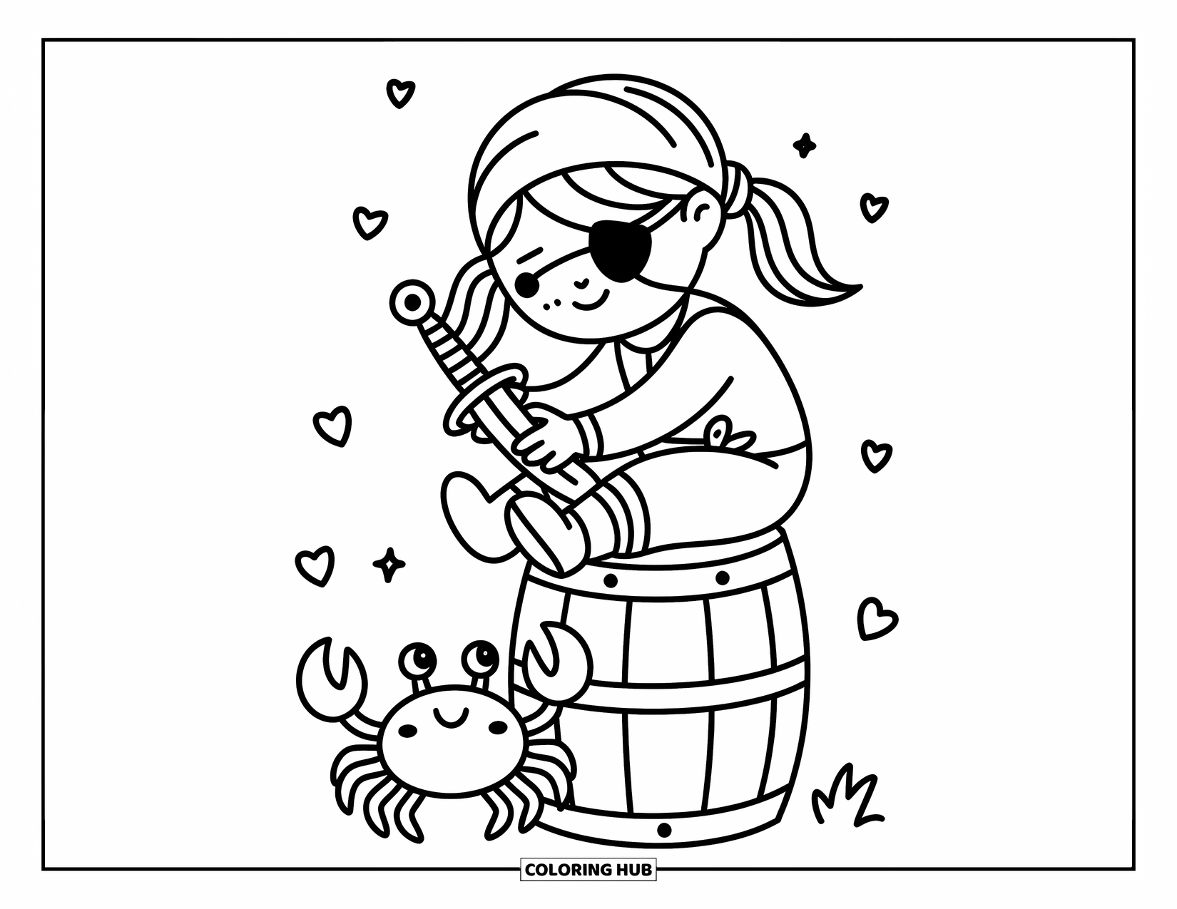 Pirate Coloring Page for Adults: A pirate girl with pigtails polishes a sword as a crab holds a pearl