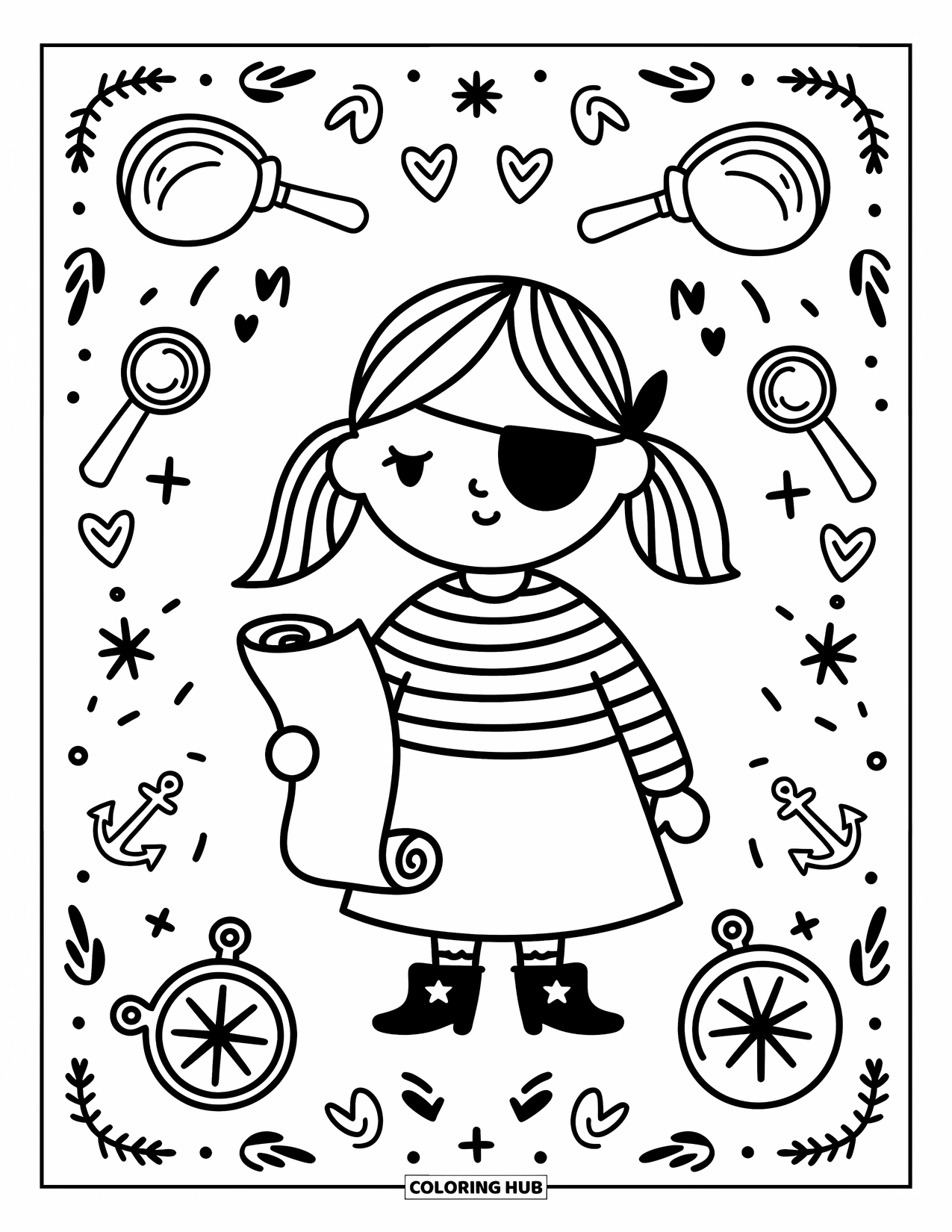 Pirate Coloring Page for Adults: A pirate girl with pigtails reads a scroll surrounded by spyglasses