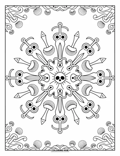 Dibujo de piratas para adultos: Un mandala pirata con calaveras, espadas y anclas con intrincados motivos náuticos