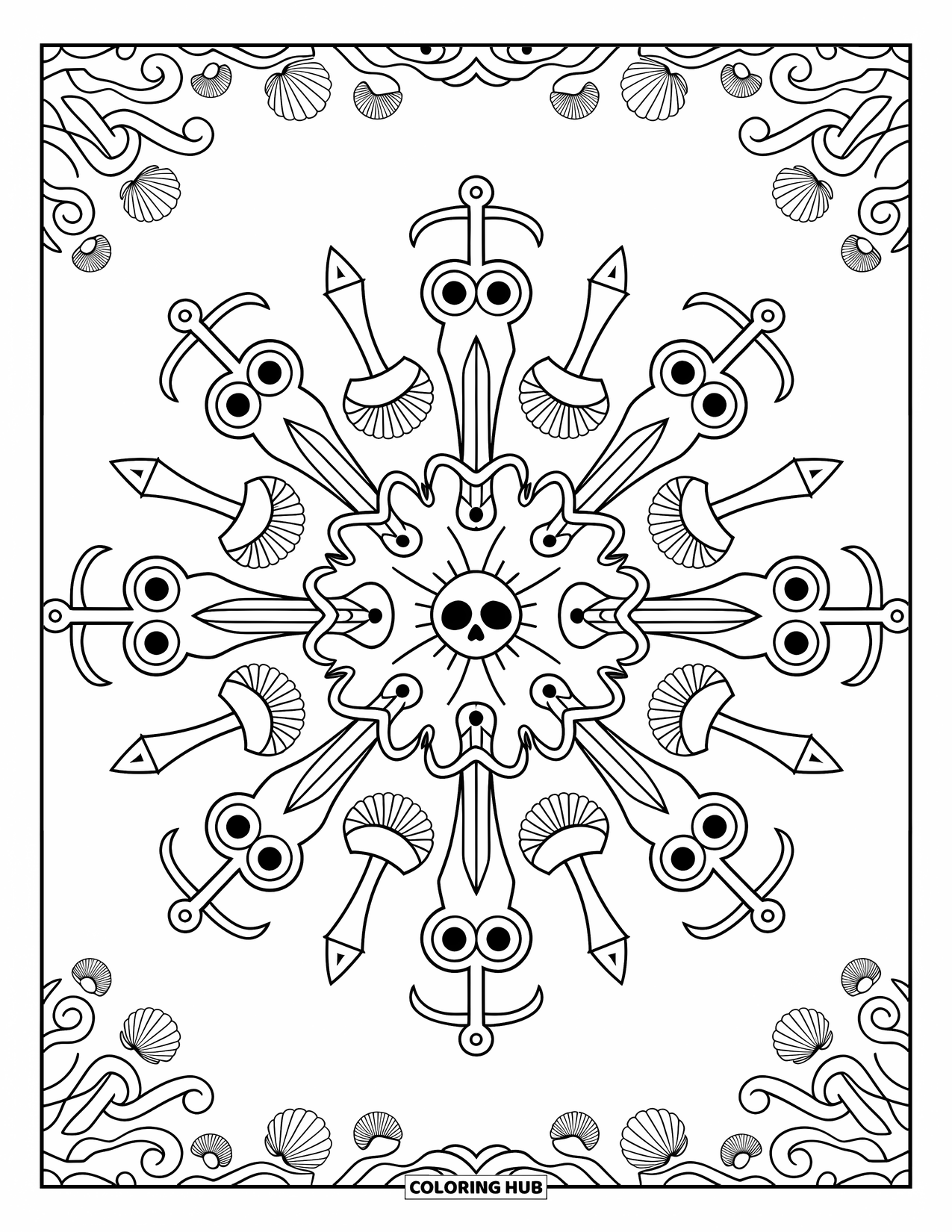 Pirate Coloring Page for Adults: A pirate mandala featuring skulls, swords, and anchors with intricate nautical motifs