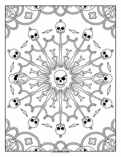 Dibujo de pirata para colorear para adultos: Un mandala pirata que muestra calaveras, espadas y anclas rodeado de intrincados detalles náuticos