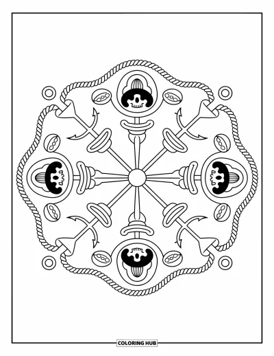 Dibujo de piratas para adultos: Un mandala pirata con calaveras, espadas y anclas dispuestas en un intrincado patrón circular