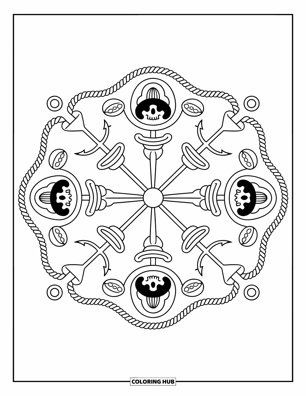 Pirate Coloring Page for Adults: A pirate mandala with skulls, swords, and anchors arranged in an intricate circular pattern