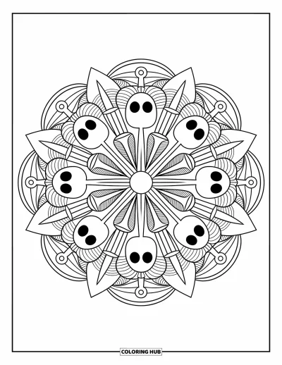 Dibujo de piratas para adultos: Un mandala pirata con calaveras, espadas y anclas entrelazadas en un diseño circular fascinante