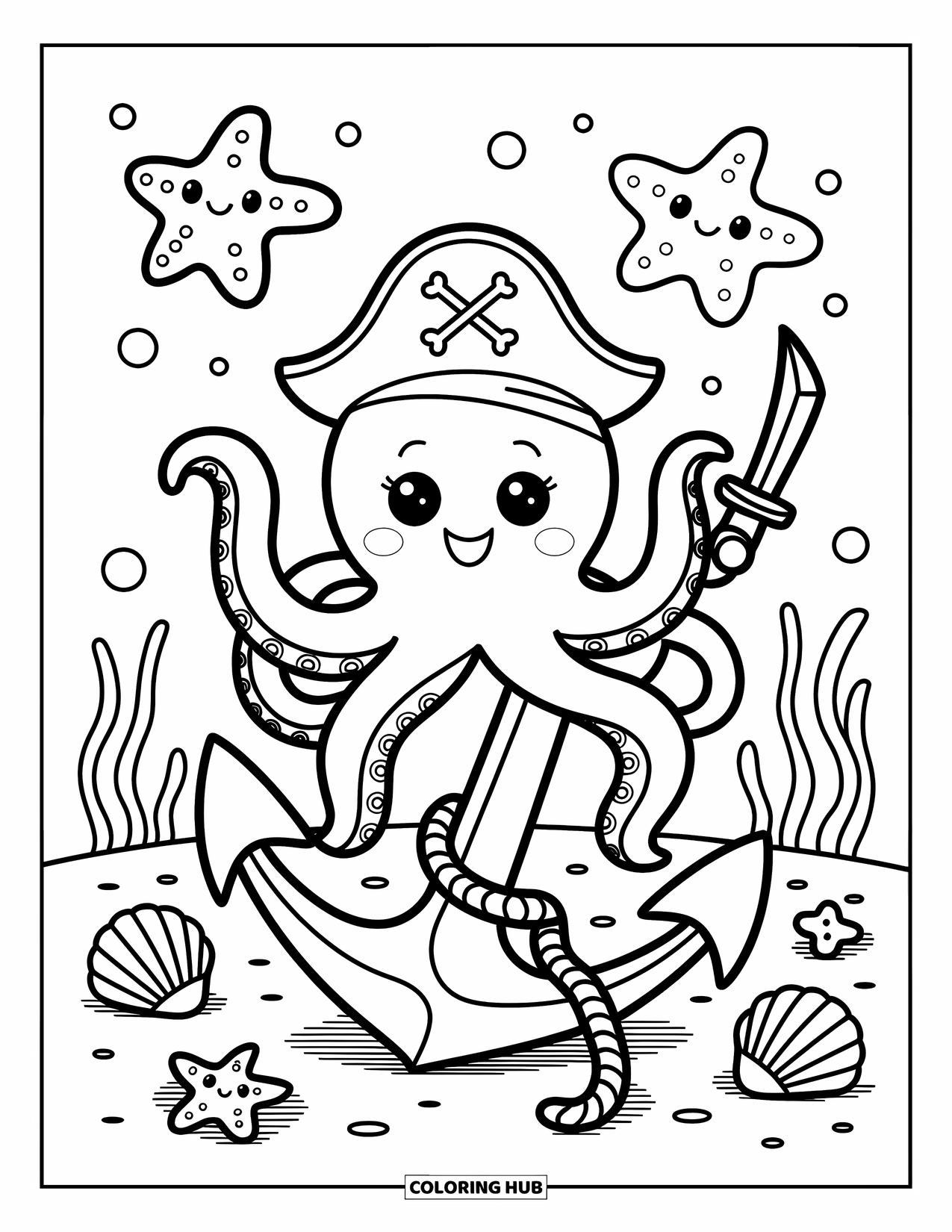 Pirate Coloring Page for Adults: A pirate octopus with a wooden sword plays with starfish and seashells